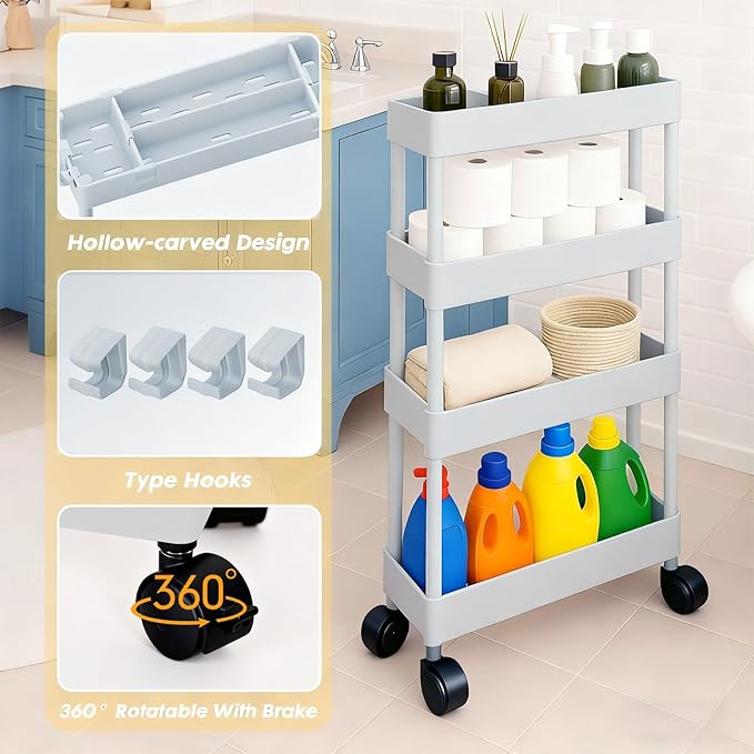 ShellKingdom 4 Tier Bathroom Storage Organizer, Slim Rolling Storage Cart for Narrow Space, Mobile Shelving Unit with Lockable Wheels and Hooks for Bathroom, Kitchen, Laundry Movable Shelf (Grey)