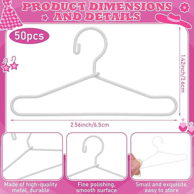 Jenaai 50 Pcs Doll Clothes Hanger 2.56 in Metal White Doll Outfit Hanger Mini Clothes Hangers for Wardrobe, Dresses, Skirts, and Accessories