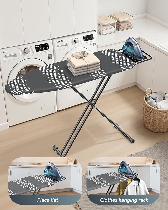 Ironing Board Full Size 54"x13" - Adjustable Height Foldable Iron Board with Iron Rest, Heat-Resistant Cover & Ultra Thick Padding - Heavy-Duty Sturdy Design, Space-Saving Ironing Table (Grey)