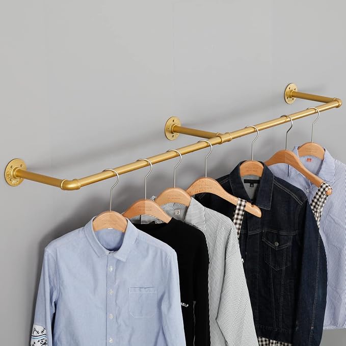 Industrial Pipe Clothing Rack Wall Mounted,Vintage Retail Garment Rack Display Rack Cloths Rack,Metal Commercial Clothes Racks for Hanging Clothes,Iron Clothing Rod Laundry Room (Gold, 59in)
