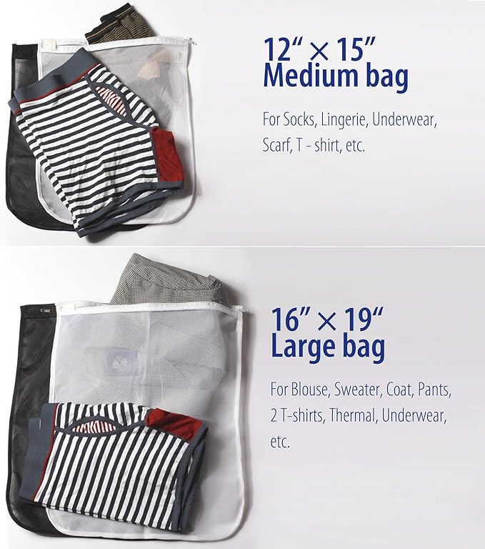 TENRAI 5 Pack (2 Large & 3 Medium) Delicates Laundry Bags, Bra Fine Mesh Wash Bag, Zippered, Protect Best Clothes in The Washer (5 Black, Set of 5)