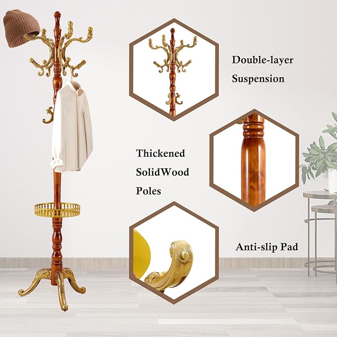 Coat Rack Stand, Solid Wooden Coat Tree with 14 Hooks, Heavy Duty Coat Rack Freestanding with Sturdy triangle Base, Natural Birch Wood Coat Hanger Stand for Entryway Bedroom (Begonia H12)