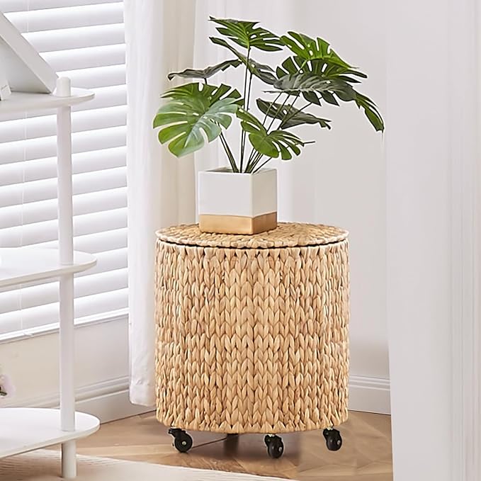 Wimarsbon Vintage Storage Basket, Multipurpose Rolling Hamper With Brakable Wheels and Lid, Braid Laundry Bin, Handwave Clothes Toy Organizer Tote for Living Room