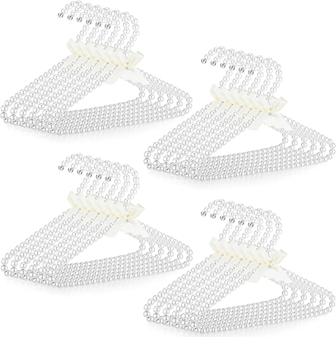 Threan White 24 Pcs Pearl Beaded Clothes Hanger Mini Pearl Beads Small Metal Clothes Hangers with Ribbon Standard for Kids Baby Children Pet Dog