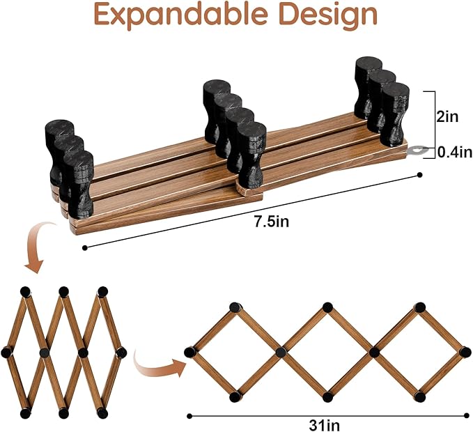 WGFKVAS 2 Pack Accordion Wall Hanger, Expandable Wooden Coat Rack Wall Mounted, Hat Rack Hat Hanger for Caps, Coats, Mugs