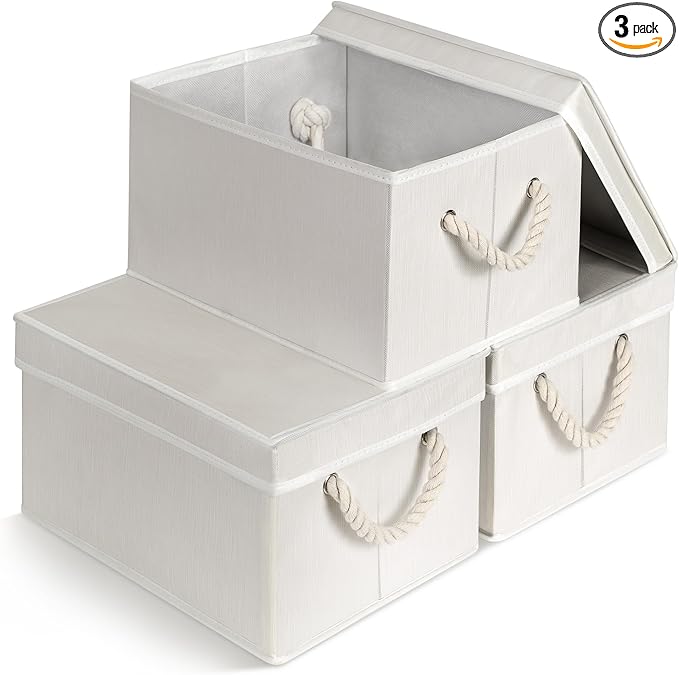 Set of 3 Fabric Bins for Organization - Foldable & Stackable With Lid & Rope Handles - Collapsible Fabric Storage Cubes Lightweight & Sturdy Bottom, Space Saving Collapsible Bin, Ivory