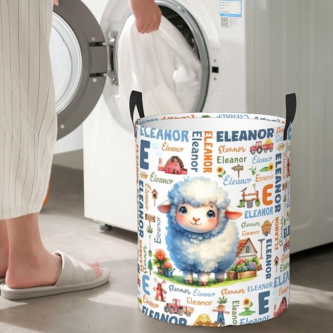 Personalized Farm Sheep Laundry Basket For Baby Kids Boys Girls Adult Custom Hamper Basket With Name For Bathroom Bedrooms Collapsible Baby Laundry Basket, Dirty Clothes Hamper With Handles
