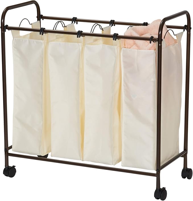 Household Essentials 7173 Rolling Quad Laundry Sorter with Removable Hamper Bags | Antique Bronze Frame