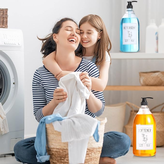 Nuenen Laundry Detergent Dispenser for Fabric Plastic Pump Laundry Soap Detergent Dispenser with Lids and 36 Labels for Farmhouse Decor, White 64oz Set of 4(Black)
