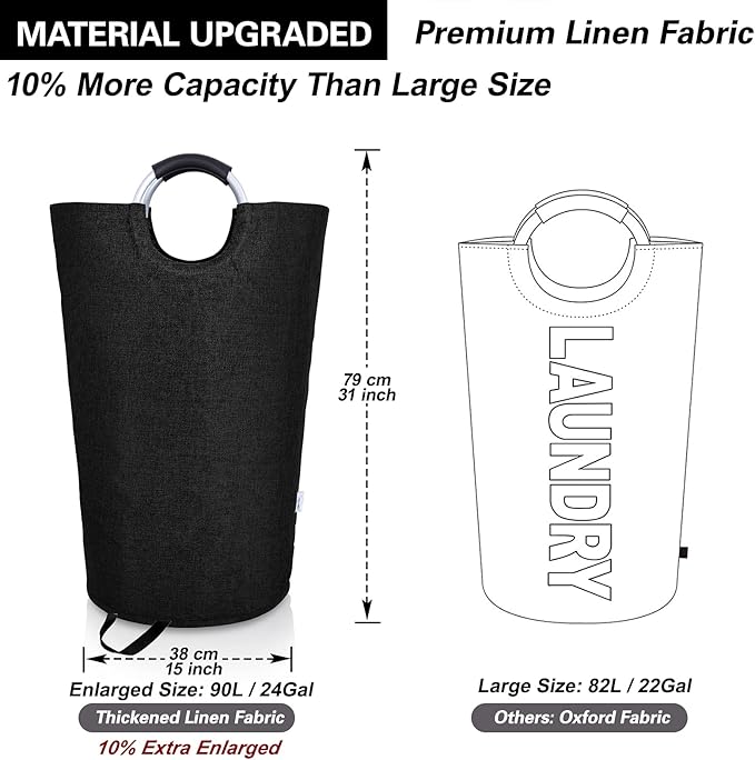 Heavy Duty Laundry Hamper Bag Collapsible, Tall Laundry Basket with Sturdy Handles, Fabric Dirty Clothes Bin for Laundry, College Dorm, Boys, Man, Durable Two-Layer – 90L Black