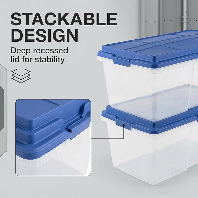 113 Qt Clear Stackable Latching Storage Bin with Smoke Blue Lid,Large Storage Bins With Lids, 36x16.8x14.2 Inches for Home & Garage Organization