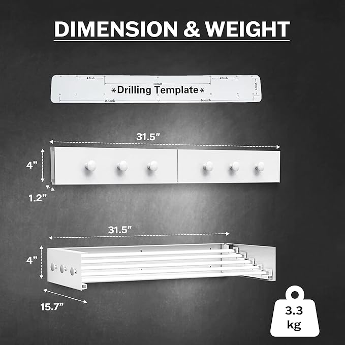Wall Mounted Drying Racks for Laundry (31.5 Inches Wide) – Retractable Clothes Drying Rack Wall Mounted with Carbon Steel Panel 6 Knobs & 5 Aluminium rods, Wall Drying Rack with Screws (White)