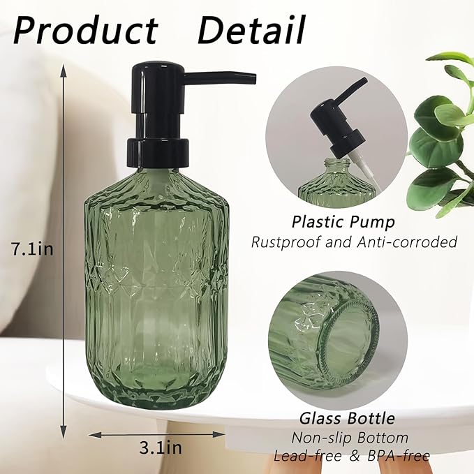 Green Glass Soap Dispenser with Black Plastic Pump, 15oz Refillable Glass Lotion Hand Soap Dispensers for Modern Kitchen Sink, Bathroom Countertop, Hotel