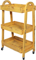 3-Tier Wooden Rolling Cart- Wooden Utility Cart wit Wheels- Utility Rolling Cart-Storage Trolley Organizer- Rolling Kitchen Serving Cart for Office,Kitchen, Kids' Room (Retro Yellow)