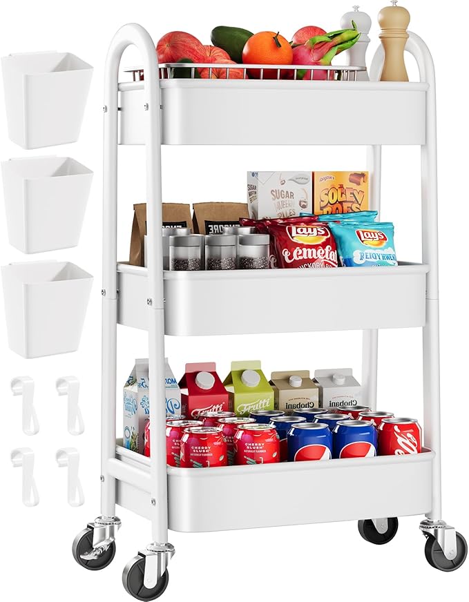 3 Tier Rolling Cart with Wheels for Pantry Organizers and Storage, Metal Utility Kitchen Cart for Fruit and Vegetable Storage, Snack Carts for Kitchen Organization, Art, Craft, Bathroom, Lash, White