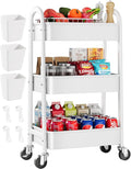 3 Tier Rolling Cart with Wheels for Pantry Organizers and Storage, Metal Utility Kitchen Cart for Fruit and Vegetable Storage, Snack Carts for Kitchen Organization, Art, Craft, Bathroom, Lash, White