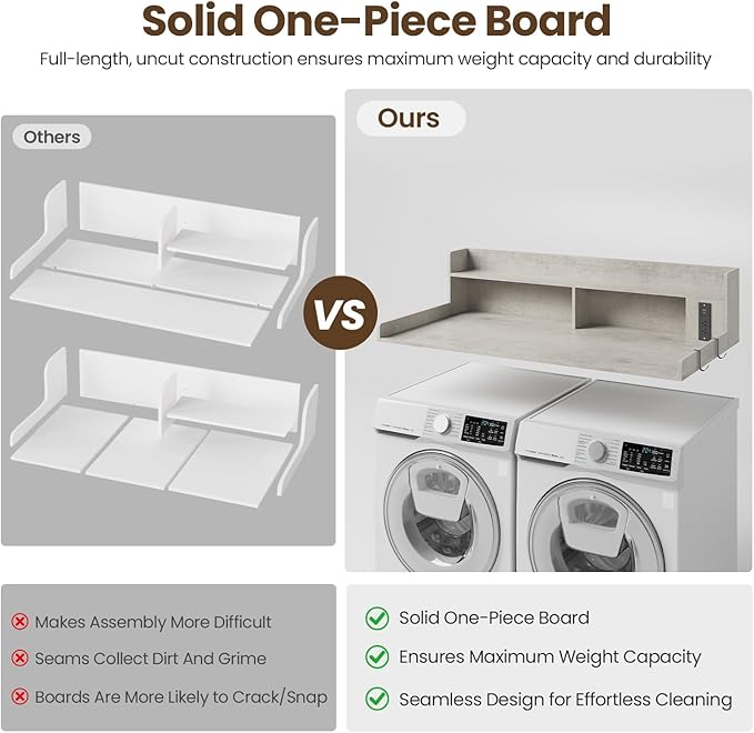 Upgraded 2-Tier Washer and Dryer Countertop with Power Outlet,54" W x 27.6" D Large Laundry Countertop for Fold Clothes, Laundry Topper with Non-Slip Pads & Metal Hooks and Storage Basket