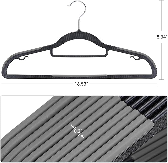 Coat Hangers 50 Pack, Plastic Clothes Hangers Non Slip with Rubber Grip, Heavy Duty Hanger with 360° Swivel Metal Hook, Ultra Thin Hangers Space Saving for Closet Organizer, Black and Dark Gray