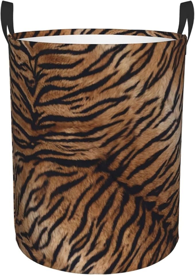 Tiger Texture Round Laundry Hamper Natural Animal Skin Print Storage Basket Toys Clothes Organizer Bin For Home Bathroom Bedroom Dorm Nursery, 38l