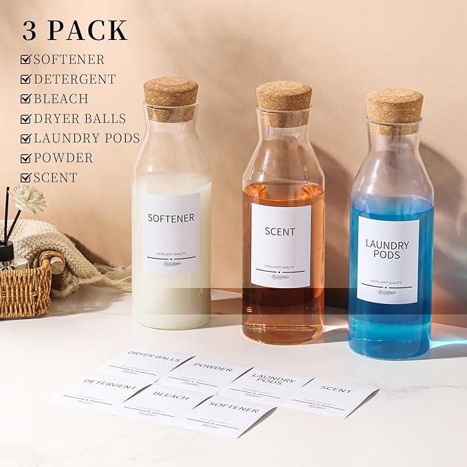 3Pack Glass Laundry Detergent Dispenser with 7Pcs Labels,40oz Liquid Laundry Detergent Dispenser,Laundry Containers for Organizing Liquid Detergent Dispenser Laundry Soap Dispenser