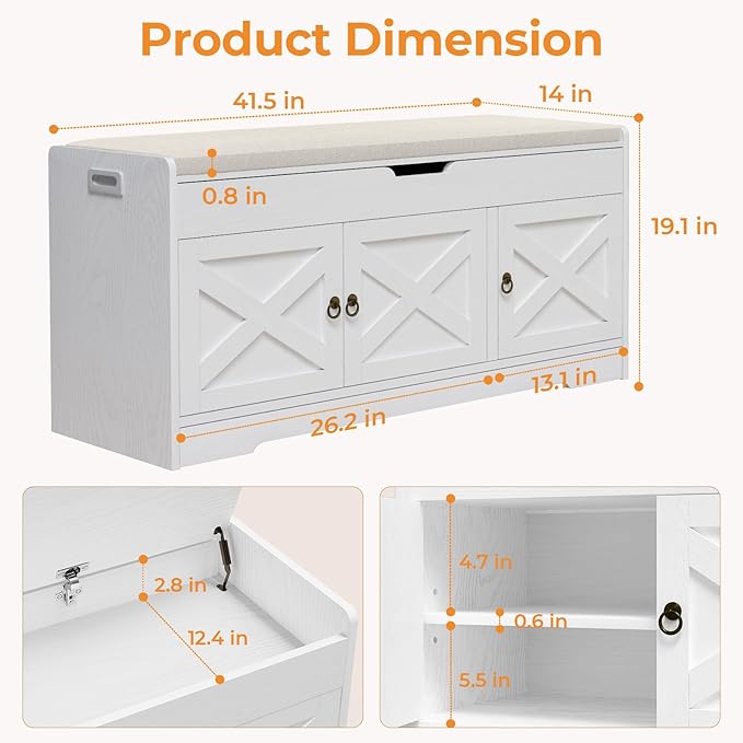Farmhouse Shoe Storage Bench, Entryway Bench with Cushion Seat, Lift Top Storage, Adjustable Shelf, 3 Doors, 330 lbs Capacity, Storage Bench for Entryway, Bedroom, Living Room (White)
