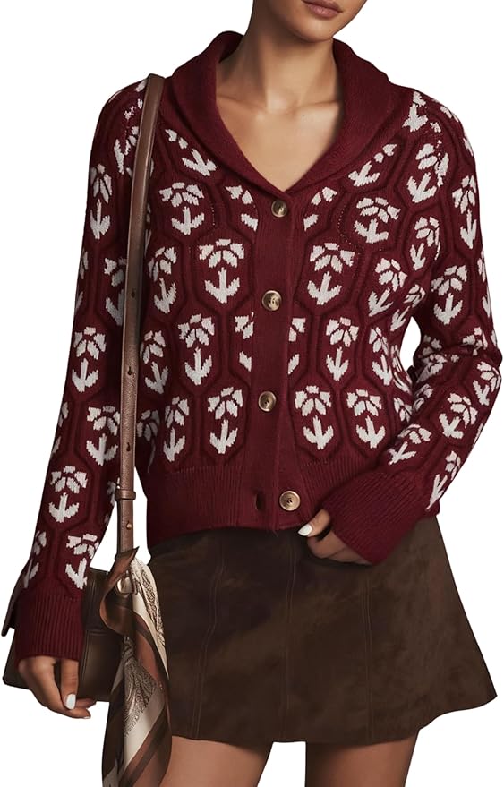 Women Floral Cropped Cardigan Sweaters Shawl Collar Long Sleeve Button Down Knit Jacket Flower Print Knitwear