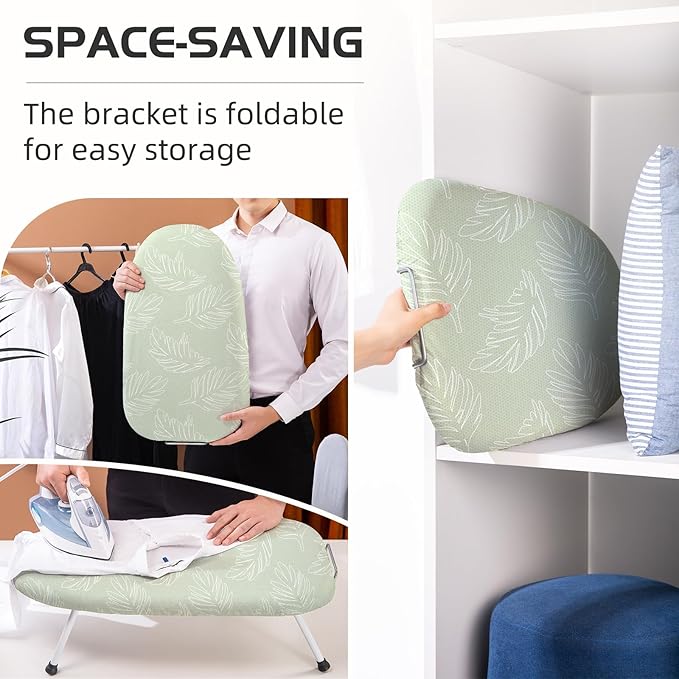 Mini Ironing Board Tabletop Ironing Board Compact Foldable Iron Board Thick Steel Tube with Heat Resistant Covers, Iron Rest for Dorms, Apartment and Travel (Green Leaf)