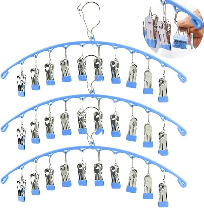 3Pack Legging Organizer for Closet,Upgrade Skirt Pants Hangers with Clips, Metal Yoga Pants Hangers 10 Clips,Space Saving Closet Organizers Rubber Coated Organizers Leggings Hanger(Blue)