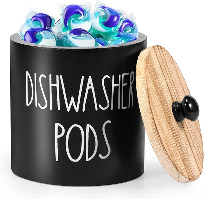 Round Dishwasher Pods Container, Wood Dishwasher Pod Holder with Lid for Kitchen Decor, Laundry Pod Container for Laundry Detergent Storage (Black)