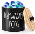 Round Dishwasher Pods Container, Wood Dishwasher Pod Holder with Lid for Kitchen Decor, Laundry Pod Container for Laundry Detergent Storage (Black)