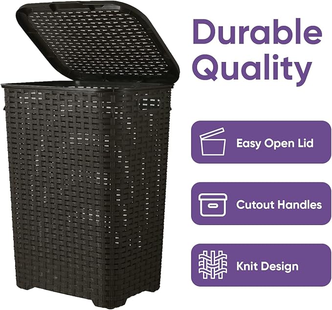 Laundry Hamper Basket With Lid 60 Liter - Deluxe Wicker Style Brown Color - 1.70 Bushel Bin With Cutout Handles To Storage Dirty Cloths in Washroom Bathroom, Or Bedroom. By Superio