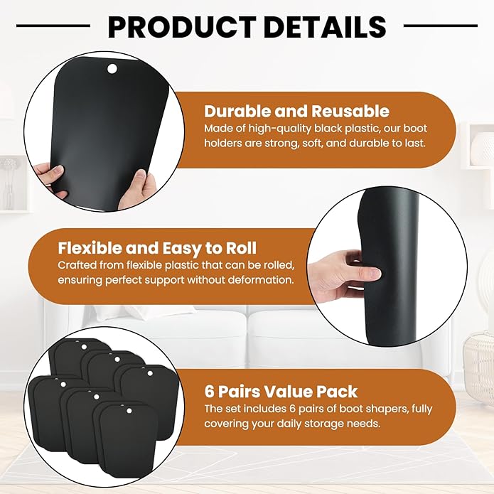 6 Pairs (12 Pieces) Tall Boot Shapers – 12 Inch Reusable Inserts to Prevent Bending, Creasing & Maintain Shape for Women and Men Boots