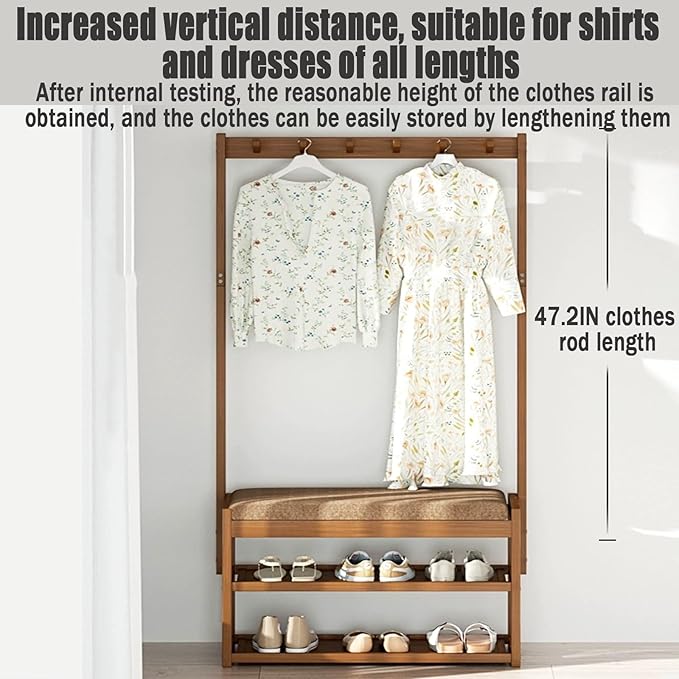 Hall Tree with Bench and Shoe Storage, Coat Rack Freestanding, Coat Hooks and Side Hooks, 5 in 1 Large Organizer, Sturdy Frame WithHooks for Entryway, Hallway(L100*W29CM/L40.5*W11.4IN)