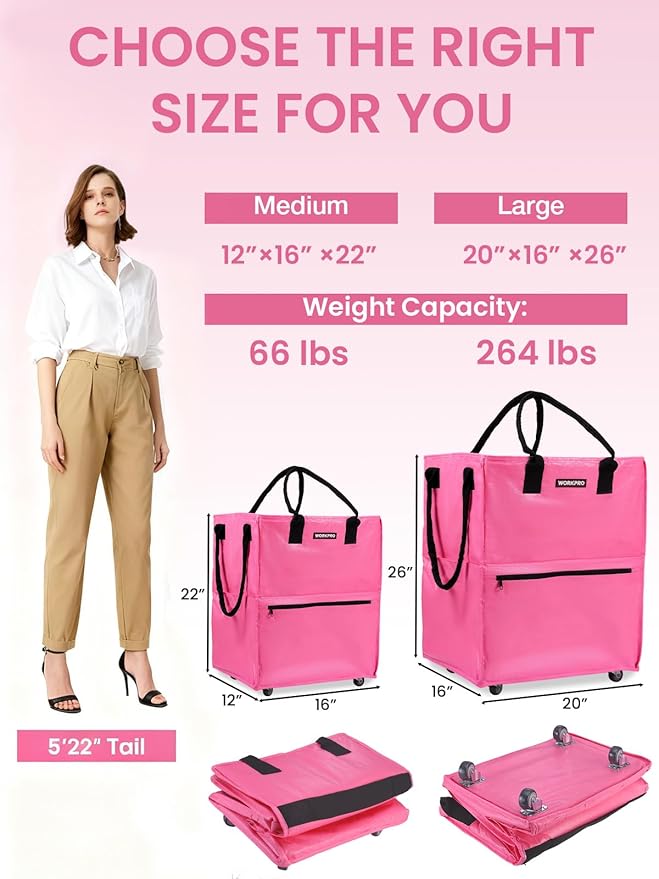 WORKPRO Medium Reusable Grocery Bag on Wheels, Heavy Duty Rolling Shopping Tote with Handle, Folding Trolley on 4 Caster Wheels for Groceries, Laundry, Camping, Moving