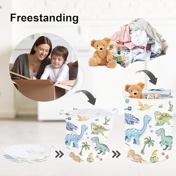 Clastyle Boho Dinosaur Laundry Basket Palm Tree Kids Clothes Book Storage Basket Gift Toy Box for Bedroom Decor,Pterosaur,36x45 cm