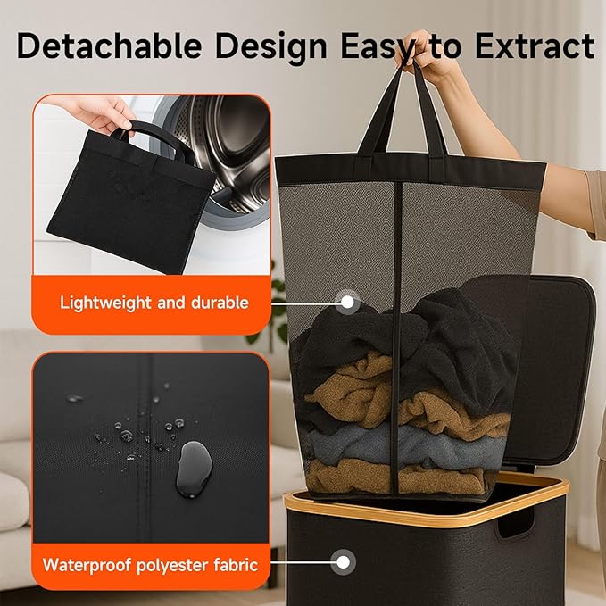 26 Gall/100L Foldable Laundry Hamper with Lid & Collapsible Basket - Clothes Hampers for Laundry with Bamboo Handles and A Removable Bag, Portable Clothes Organizer for Home, Dorm, Travel, Black