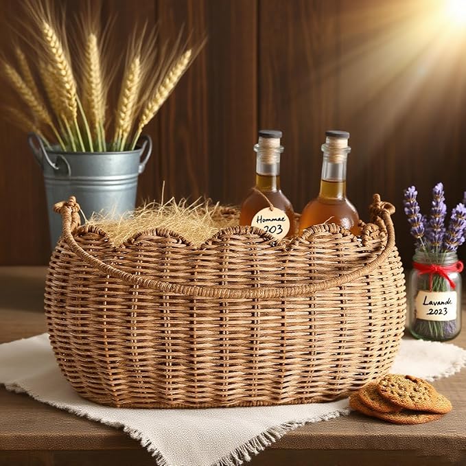 Scalloped Round Basket with Handle, Super Sturdy Wicker Storage Baskets, Hand Woven Basket for Shelves,Natural Baskets for Organizing (Rattan(12.6 * 9 * 6.1))