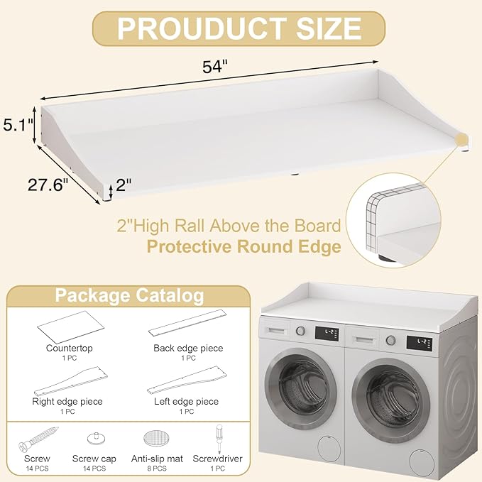 54'' Washer Dryer Countertop, Laundry Room Organization Washer and Dryer Combo Countertop Organizer with Non-Slip Mat, White