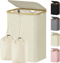 Lifewit 150L Double Laundry Hamper with Lid, Large Laundry Basket with Removable Bag & Bamboo Handles, Fodable Tall Dirty Clothes Hamper for Laundry Collapsible Bin for Bathroom Bedroom Dorm, Beige