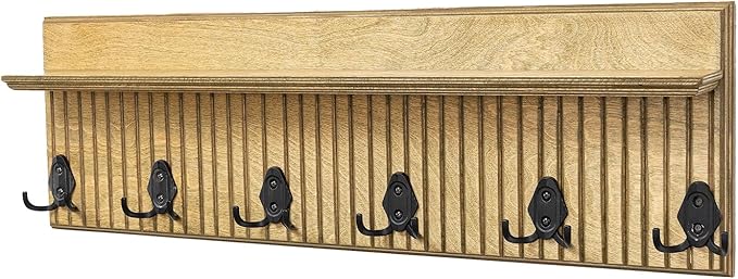 Rustic Wall Mounted Coat Rack with Shelf Wooden Entryway Organizer with 5 Metal Hooks for Coats Hats Towels Keys Floating Storage Shelf for Bathroom Bedroom (Jade, 32 inch Striped (4 Hooks))