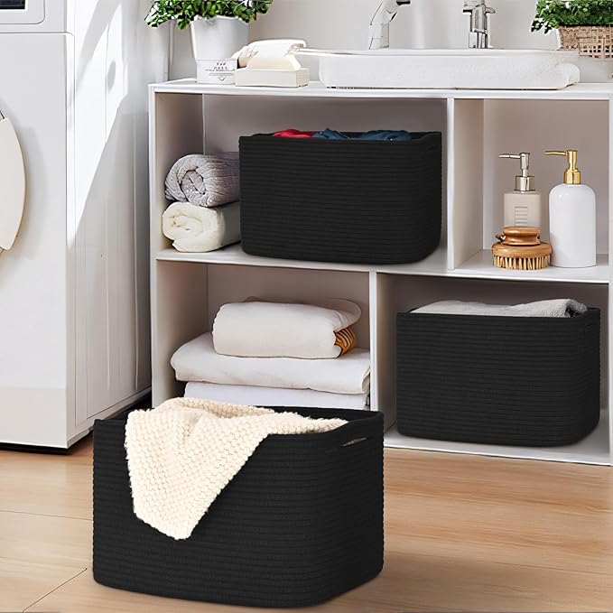 Baskets for Organizing,Storage Baskets,3 Pack Baskets for Shelfves,15"×10"×9" Woven Black Basket,toy storage bins,bins for organization