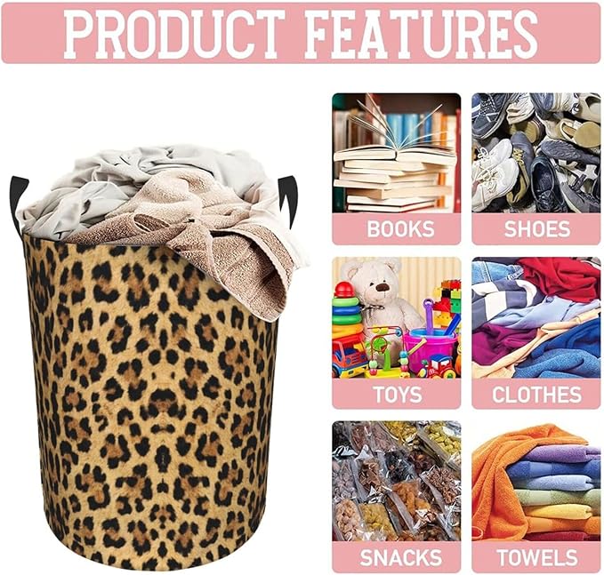 Brown Leopard Print Round Laundry Hamper Animal Cheetah Storage Basket Toys Clothes Organizer Bin For Home Bathroom Bedroom Dorm Nursery, 62l