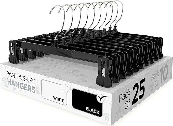 Sharpty Pant & Skirt Hangers - Closet Hangers for Shorts, Shirts, Jeans, Dresses, Slacks, Coats, Clothes, Clothing, Garments & More - Durable, Space Saving & Non-Slip, Black - 25 Pack