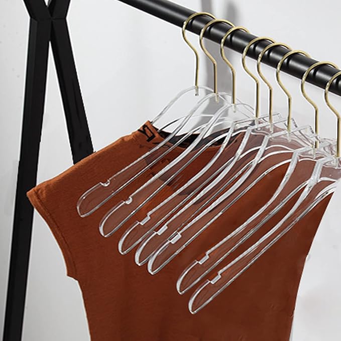Besser 15 Pack Acrylic Hangers with Gold,Acrylic Clear Hanger,Premium Crystal Dress Hangers Swivel Gold Hook Luxurious Shiny Clothes Hangers(Clear-Style B)