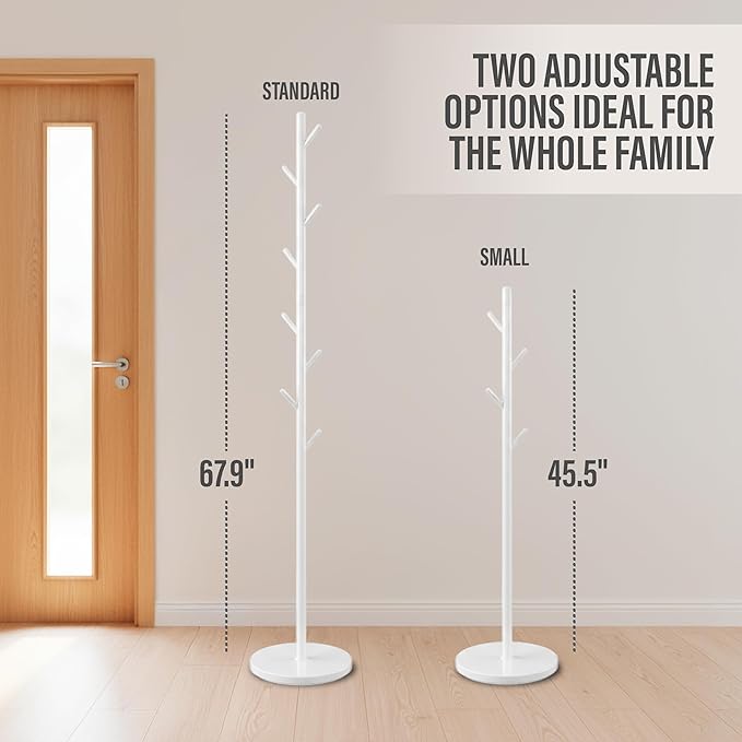 Coat Rack Freestanding Metal Clothing Rack – Modern Clothes Organizer with 8 Coat Hooks – Space-Saving Hall Tree for Entryway, Bedroom, Office – Sturdy Minimalist Coat Hanger & Garment Rack (White)