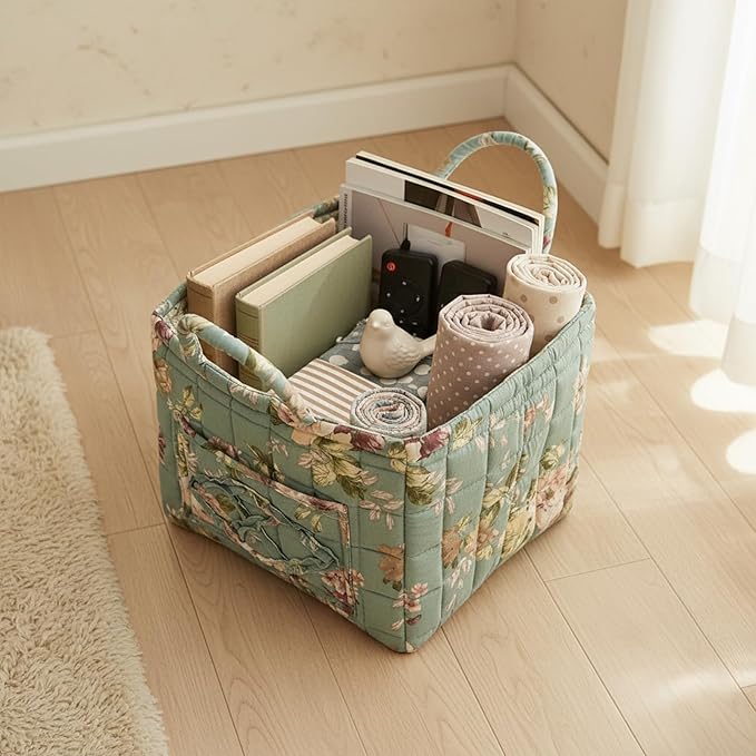 Mo&Cy Floral Pattern Storage Basket Large Capacity Fabric Storage Baskets Boho Floral Laundry Baskets with Easy Carry Handles,Baskets for Gifts Empty (Green Cottage)