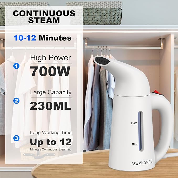 Handheld Garment Steamer for Clothes, Portable Clothes Steamer Remove Wrinkle, 230ml Capacity, Ideal for ALL Fabrics, 12 minutes Continuous Steam, One button Design, Easy to Use, mini, White