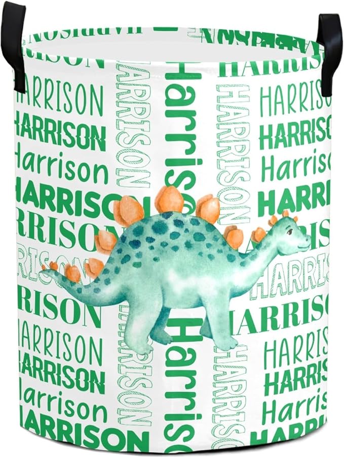 Large Custom Name Laundry Hamper, Dinosaur Personalized Dirty Clothes Hamper Storage Basket with Name for Bathroom Bedrooms, Customized Name Circular Hamper with Handles for Baby Boys Girls Men Women