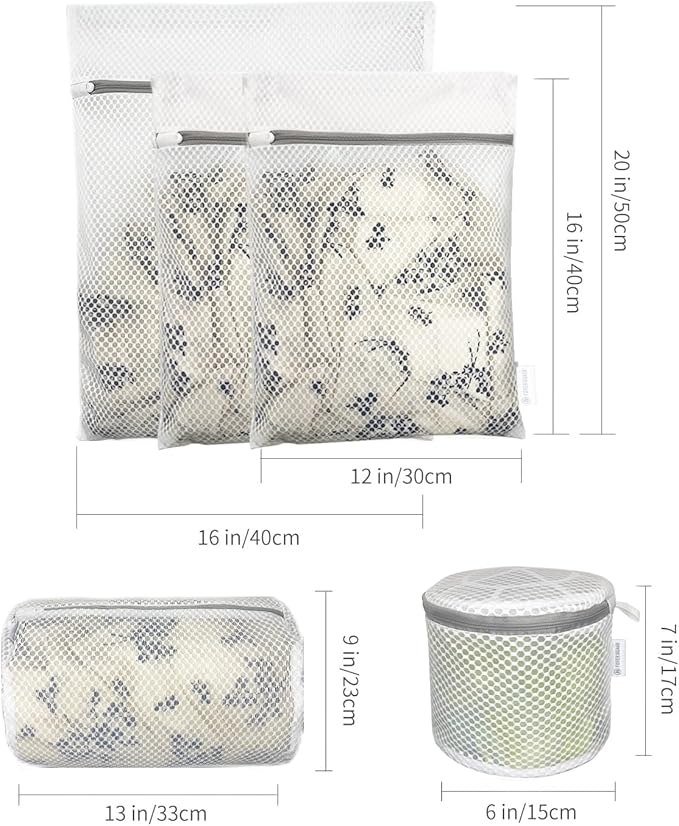 5PCS Honeycomb Mesh Laundry Bags for Delicates with Zipper, Clothing Washing Bags for Underwear, Lingerie, Bra, Blouse, Hosiery, Pants, Stocking, Socks, Extra Strong(1Bra, 1Cylin, 2S, 1M,)