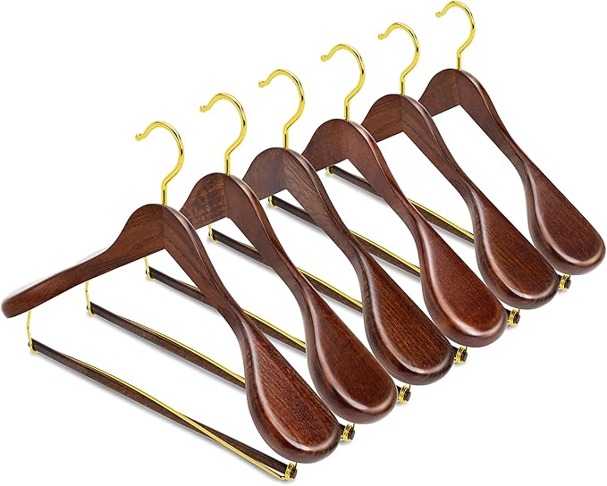 Amber Home 6 Pack Retro Wooden Suit Hangers with Gold Hook, Vintage Wide Shoulder Suit Hangers with Gold Pants Locking Bar, Wood Jacket Clothes Hangers for Sweater, Pants, Heavy Clothes